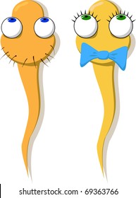 Two Funny Drawn Sperm - A Girl And A Boy. Vector.