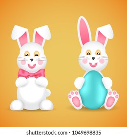 Two funny Easter bunnies with a bow and egg. Vector illustration in cartoon style.