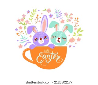 Two funny easter bunnies sit in the cup surrounded flowers, leaves and floral elements isolated on white background.
Happy easter greeting vector illustration.