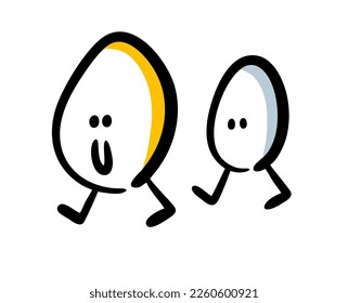 Two funny easter characters eggs walking away. Cute illustration for holiday in vector.