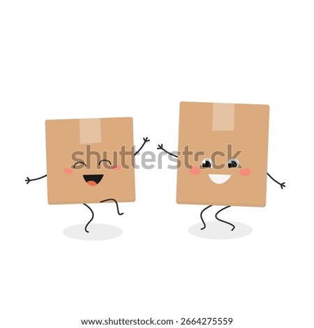 Two funny excited cheerful delivery cardboard boxes happy dancing, comic parcels cartoon characters. Vector flat illustration isolated on white background