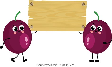 Two funny exotic passion fruit mascots holding an empty wooden board

