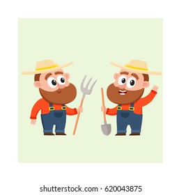 Two funny farmer, gardener characters in straw hat and overalls, one holding shovel, another with hayfork, cartoon vector illustration isolated on white background. Couple of comic farmer characters
