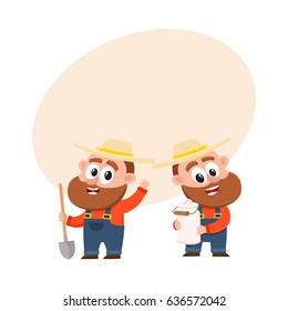 Two funny farmer, gardener characters in straw hat and overalls, one holding shovel another with milk can, cartoon vector illustration with space for text.  