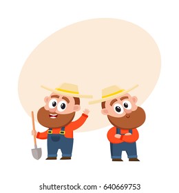 Two funny farmer, gardener characters in straw hat and overalls, holding shovel, arms crossed on breast, cartoon vector illustration with space for text. Couple of comic farmer characters