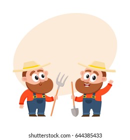 Two funny farmer, gardener characters in straw hat and overalls, one holding shovel, another with hayfork, cartoon vector illustration with space for text. Couple of comic farmer characters