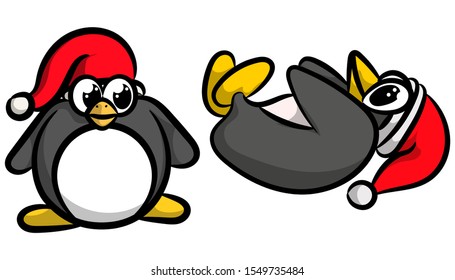 Two funny fat penguins in Christmas hats in vector cartoon style