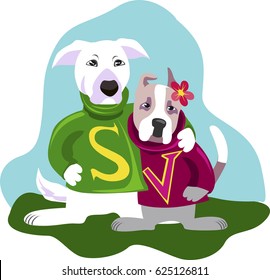 Two funny favorite cartoon dogs Labrador and Husky in sweaters with letters S and V. Picture for printing on a mug, clothes, gift items.