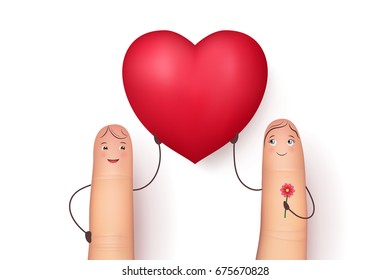 Two funny fingers holding red heart . Inspirational love message for husband, boyfriend or special person. Flat style vector realistic illustration