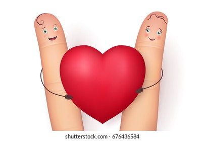 Two funny fingers holding red heart . Inspirational love message for husband, boyfriend or special person. Flat style vector realistic illustration