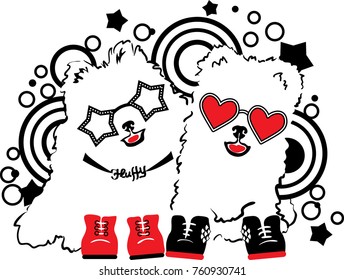 Two funny fluffy dogs. Music vector illustration concept. Animal symbol of 2018 year. Pop art style.