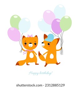 Two funny foxes with a balloons. Birthday concept with cute animals. Design for invitation banner or card. Vector illustration