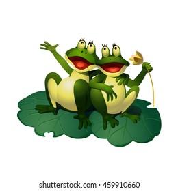 Two funny frog, singing on a green leaf