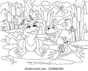 Two funny frogs in the swamp. Nature forest, insects. Animals cartoon. Coloring page outline of cartoon.