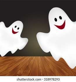 Two funny ghosts peeking from opposite sides. Playful Halloween characters with friendly expressions for holiday designs and holiday marketing campaigns. Vector illustration.