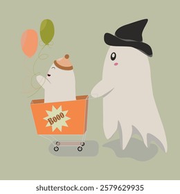 Two funny ghosts ride with cute colored ones