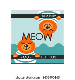 Two funny ginger cats with closed eyes on marine background. Word MEOW written between them: M and W like cats ears. Creative concept for postcard, print etc. Vector illustration