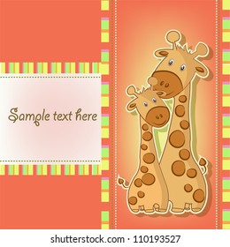 Two funny giraffe on an orange background with stripes