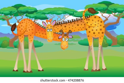 Two funny giraffe on the savannah background