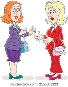 Two funny girlfriends standing side by side, smiling and talking to each other, vector cartoon illustration isolated on a white background