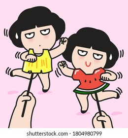 Two funny girls are dancing with their tropical fruit dresses character illustration