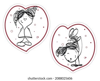 Two funny girls on a white background. Stickers hearts sketch.