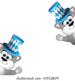 Two funny gray cats in a bavarian hat. Card for Oktoberfest. 