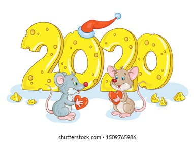 Two funny gray mouse with gifts stand near the 2020 number. The sculpture of the year carved from cheese. In cartoon style. Isolated on a white background. Vector illustration.