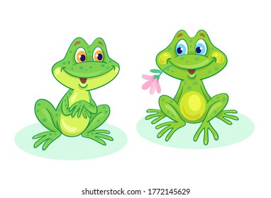 Two funny green frogs. In cartoon style. Isolated on white background. Vector illustration.