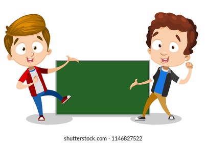 Two funny guys pointing at blank school blackboard. One boy in red shirt and second boy wearing blue shirt. Vector illustration on white background