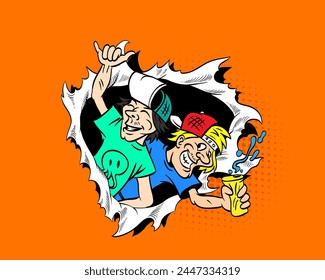 Two funny guys sticking out of a hole drawing in comics style. Summer holiday, beach party poster template. Torn frame in the wall or paper. Vector art illustration 