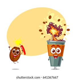 Two funny and happy character of coffee bean with dynamite and cup of coffee with explosion. Cartoon style. Vector illustration isolated on white background with place for text