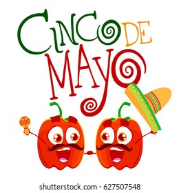 Two funny and happy characters of pepper with mustache and hat. Cinco de mayo. Vector illustration isolated on white background. Cartoon style.