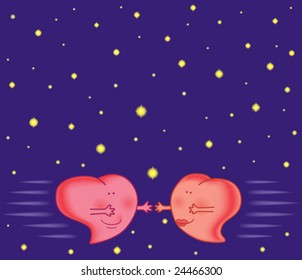 Two funny hearts flying to embrace each over
