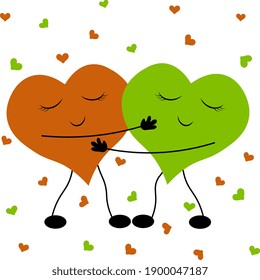 Two funny hearts, green and orange hearts hug, smile on a white background. Valentine's day card design.
