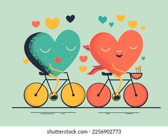 Two Funny Hearts Riding On Their Bicycle For Love Concept.