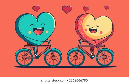 Two Funny Hearts Riding On Their Bicycle For Love Concept.