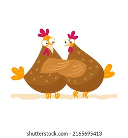 Two funny hens is sitting on the fence. Cartoon vector isolated illustration in flat style.