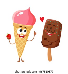 Two funny ice cream characters - strawberry cone and chocolate popsicle, cartoon style vector illustration isolated on white background. Two cute smiling strawberry and chocolate ice cream characters