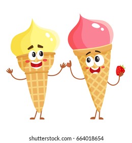 Two funny ice cream cone characters - strawberry and vanilla, cartoon style vector illustration isolated on white background. Couple of cute smiling strawberry and pistachio ice cream cone characters