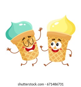 Two funny ice cream cup characters - strawberry and vanilla, cartoon style vector illustration isolated on white background. Couple of cute smiling strawberry and pistachio ice cream cone characters