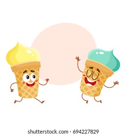 Two funny ice cream cup characters - strawberry and vanilla, cartoon style vector illustration with space for text. Couple of cute smiling strawberry and pistachio ice cream cone characters