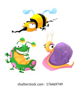 Two funny insects and one snail. Cartoon isolated vector characters.