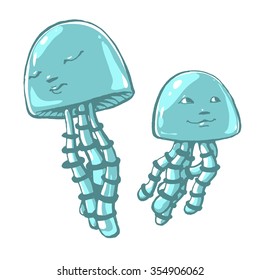 Two funny jellyfish set. Hand painted illustration. Ukraine
