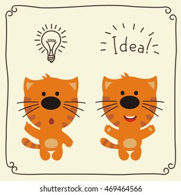 Two funny kitten with lamp of idea and text