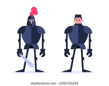 Zwei lustige Ritterfiguren. Ein Ritter in einem Helm mit Federn und einem Schwert und ohne Helm und Waffen. Vektorgrafik