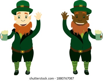Two funny leprechauns waving their hands. St.Patrick 's Day. Vector graphics. White background.