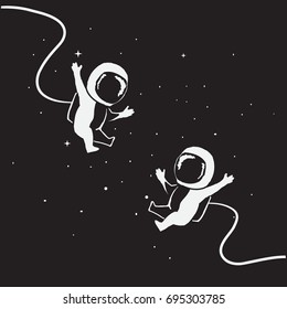 Two funny little astronauts fly together in outer space. Childish vector illustration