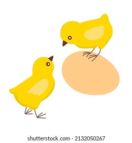 Two funny little chickens and an egg. Vector clipart.