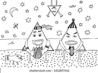 Two funny little man eating fruit on the seashore. The third is upside down in the sky. In the sky, the stars and the moon. Vector graphics.